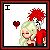 Pixel art animation of two characters in red shirts with a red heart symbol, text forming 'IN MY ROOM' across frames.
