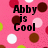 Pixelated pink background with scattered brown, white, and green circles; black text reads "Abby is Cool" in blocky font.