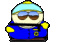Pixelated cartoon character in blue uniform with yellow accents, light blue cap, brown sunglasses, and a small badge on the chest.