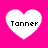 Four white heart shapes on a bright pink background, each containing the text 'Tanner' in black pixelated font.