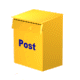 Yellow post box with blue 'Post' text, showing sequential animation of mail being inserted and retrieved from the slot.