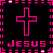 A 4x4 grid of animated frames featuring pink crosses and text on a black background with pixelated borders, showing sequential changes in the word "JESUS" to "ROCKS" across frames.