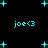 Pixelated cyan text 'joe<3' appears multiple times on a black background with scattered cyan plus signs, some of which animate as small stars.
