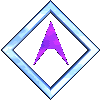 A 3x3 contact sheet of an animated AIM buddy icon showing a purple arrow inside a blue diamond frame across eight sampled frames with varying perspective and orientation changes.