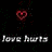 Two heart-shaped icons with 'Love Hurts' text below, one red and one gray on black background.