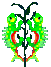 Animated green fish with yellow faces and red accents on a gray background, arranged in two of three