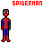 Pixelated Spiderman figure in red and blue costume with white eyes, standing upright against a white background.