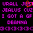 Pixelated text in bright pink on black background with orange accent, repeating phrases and symbols across multiple lines.