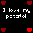 Pixel art icon with black background, red hearts, and repeated white text "I love my potato!!" in two