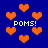 Blue background with orange pixelated hearts and white text reading 'POMS!' in four locations.