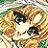 A 48x48 pixel buddy icon featuring a close-up of an anime-style character's face on the left and stylized text on a black background on the right, with visible dithering and pixelation typical of early digital art.