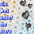 Blue text reads 'six feet under the stars' on left side of a patterned background with orange and blue stars and dark gray hearts.