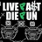 Pixelated image with white text reading 'LIVE FAST DIE YOUNG' over a black background, featuring green and gray pixel clusters.
