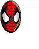 Pixelated Spider-Man mask and human head in three views: front, side, back. Mask has red webbing pattern with white eye lenses; hair is brown with green highlights.