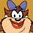 Pixelated cartoon character with brown hair, blue bow, and wide red smile against solid tan background.