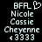 Pixelated text displays 'BFR' with a heart symbol, followed by 'Nicole', 'Cassie', 'Cheyenne', and '3333' on a black background.