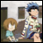 Two pixelated anime characters sit on a brown couch against a light wall with framed pictures; one has blue hair and a patterned shirt, the other brown hair and a light blue shirt.