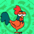 Pixelated rooster with red comb, orange body, and dark blue wings stands on green patterned background, eyes shift from closed to open to side-facing.