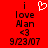 Red background with black text reading 'i love Alan <3 9/23/07' and a white pixelated heart symbol above the word 'love'.