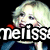 A pixelated image of a blonde woman in three with text overlays reading 'melissa', 'pixie', and 'num 1 fan' against black backgrounds