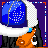 Animated contact sheet showing a pixel art character with blue and white headwear, orange top, red waistband, and blue jeans across multiple frames with text overlays on purple backgrounds.