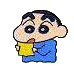 Pixelated cartoon character with large eyes and blue clothing holding a yellow object, shown in two sequential expressions against gray background.