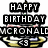 Pixelated birthday icon with 'HAPPY BIRTHDAY MCROnALD' text, a yellow ring, and '<3' symbol on white background.
