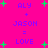 Pixelated text and green starbursts on a bright pink background with repeated 'ALY + JASON = LOVE' phrases.