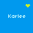 Blue background with four 'Karlee' text labels and three yellow pixelated symbols: a heart, a starburst, and a scattered dot pattern.