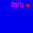 Blue background with four instances of pink text 'Garly' and red pixelated symbols in different positions.