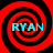 Four identical red and black spiral patterns arranged in a , each containing cyan text reading "RYAN"
