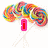 Four lollipop-shaped icons with swirled candy patterns and text overlays in different colors on a white background.