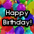 Pixelated birthday-themed image with 'Happy Birthday!' text over colorful balloons and cake, featuring animated transitions between balloon-only and cake-and-balloon scenes.