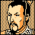 Pixelated static icon of a person's face with orange and beige tones, framed by checkered patterns on both sides against a black background.