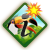 Diamond-shaped icon with green border showing landscape scene including sun, clouds, grass, and black letter 'J' on grassy field.