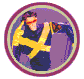 Circular icon with purple background shows figure in dark blue outfit and yellow straps, red mask covering eyes, red cape growing larger across frames.