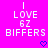 Pixelated text on bright pink background with blue heart symbols below, showing 'I LOVE 6Z BIFFERS' in white block letters.