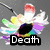 A four- displays a flower with rainbow petals, pink floral background, grayscale daisy, and empty space. Text reads "Death" in white on black, "Of" in white on black, and "Colors" in purple on black