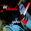 A static image shows a person with dark hair and a red-and-white striped shirt holding a red heart-shaped object, with overlaid text reading 'while SHE thinks of you' in red and white.