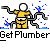 Pixel art contact sheet showing two frames of an animated buddy icon with a yellow stick figure character holding pipes and blue water splashes, alongside text promoting 'badassbuddy.com' and 'Get Plumber'.