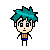 Pixel art character with teal spiky hair, brown striped shirt, blue shorts; nine distinct facial expressions and hand gestures