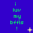 Green text 'i luv my bffls !' repeated three times vertically on a blue background with yellow star and dot animations.