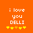 Orange background with white pixelated text 'i love you DELLI' and five yellow star-like symbols below, two versions showing animation changes in the third symbol's color.