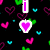 Pixelated icon with black background, pink and cyan hearts, a white-outlined purple heart, and text elements in bright magenta.
