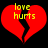 Red broken heart with yellow text 'love hurts' on black background, two identical frames side-by-side.