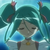 Pixelated character with teal hair styled in twin buns, closed eyes, and a neutral expression against a blue gradient background.