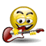 Yellow emoji face with raised eyebrows and wide eyes plays red electric guitar while small red hearts float around it.