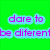 Green background with purple text reading 'dare to be different' above a pixelated character in blue headphones and brown hair.
