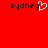Red background with two black 'sydney' text elements, one featuring a white pixelated heart replacing the letter 'y'.