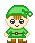 Pixel art character in green tunic and hat with brown boots, shown in two poses: neutral face with closed eyes and raised arms with open mouth.